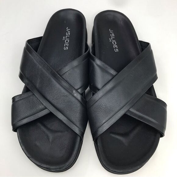 J/Slides OLIVIA Black Leather Crisscross White Stripe Slide Sandals - Picture 2 of 12